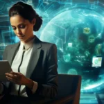 Professional businesswoman using ceıvır communication platform on tablet with futuristic digital interface and holographic display technology