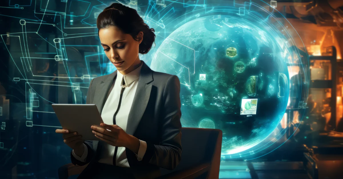 Professional businesswoman using ceıvır communication platform on tablet with futuristic digital interface and holographic display technology