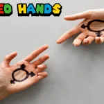 Two open hands with male and female gender symbols reaching toward each other, representing clasped hands symbolism and unity