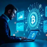 Professional trader using crypto30x.com loopnet platform with holographic Bitcoin charts and trading analytics on laptop screen