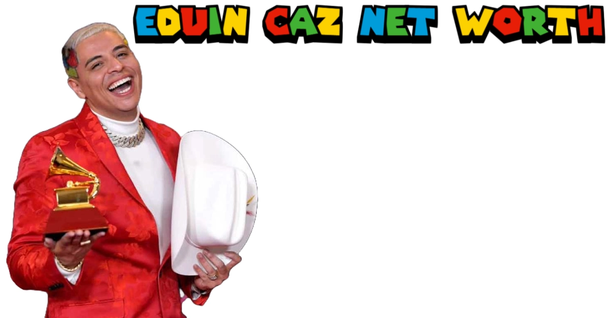 Eduin Caz in red suit holding Grammy award and crystal trophy, smiling with Eduin Caz Net Worth text overlay