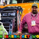 Juan Ibarra net worth photo showing the Gold Rush mechanic with colleague at heavy equipment trade show displaying trucks and mining machinery