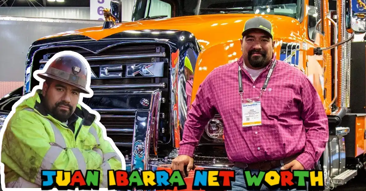 Juan Ibarra net worth photo showing the Gold Rush mechanic with colleague at heavy equipment trade show displaying trucks and mining machinery