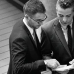 Two attorneys in suits reviewing legal documents - Justin Billingsley Greene Law consultation process