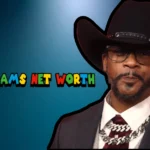 Katt Williams wearing black cowboy hat and suit with colorful 'Katt Williams Net Worth' text overlay on blue gradient background
