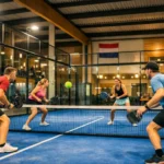 Two teams playing NLPadel on an indoor glass-walled padel court in the Netherlands