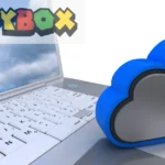 NippyBox cloud storage laptop with blue cloud icon showing secure file sync and data backup capabilities