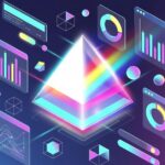 Prizmatem framework visualization showing a glowing prism refracting light into colorful layers with surrounding data dashboards and modular UI elements