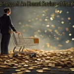 A man with a shopping cart on a pile of gold coins, illustrating the investment opportunities on the Robthecoins.com DeFi platform.