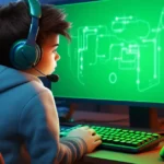 Young gamer exploring simpcity forum community on computer with gaming headset and green screen display