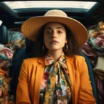 Stylish woman sitting in blazertje SUV interior with luxury shopping bags and accessories in Qatar