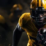NFL wide receiver Davante Adams in Green Bay Packers uniform holding football with intense competitive expression during rivalry game