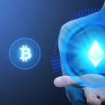 Professional trader holding glowing Ethereum cryptocurrency hologram with Bitcoin and other digital coins in background representing ecryptobit.com ethereum trading platform