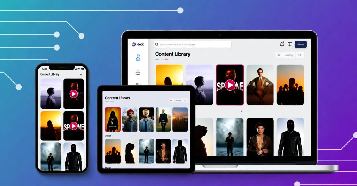 PremiumIndo69 streaming platform interface displayed on multiple devices including smartphone, tablet, and laptop showing content library