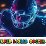 Super Liquid Soccer game logo with futuristic neon soccer player in cyberpunk style digital art