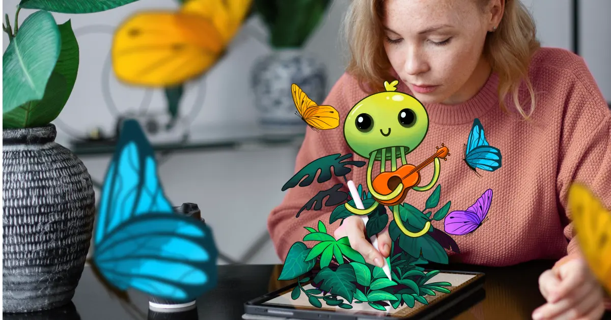 wrenwylde26 from maine digital creator working on artistic content with animated character overlay representing creative advocacy work