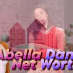 Abella Danger net worth infographic showing wealth symbols including luxury houses and car with stylized pink background design