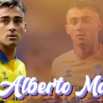 Alberto Moleiro in Las Palmas yellow jersey with Barcelona FC logo, showing potential transfer interest in the Spanish midfielder