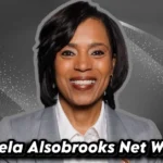 Angela Alsobrooks smiling in professional gray blazer with Angela Alsobrooks net worth text overlay on decorative background