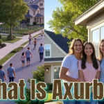 Happy family standing in front of their home in an axurbain community with spacious houses, tree-lined streets, and neighbors walking on sidewalks in a peaceful residential neighborhood
