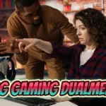 Two gamers collaborating on blog gaming dualmedia content creation in a modern gaming setup with multiple monitors