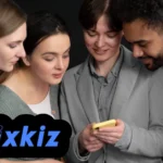 Four young people gathered together looking at a smartphone screen with bonjixkiz logo overlay, representing the digital phenomenon bringing people together