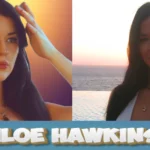 Chloe Hawkins lifestyle photos showing two portrait shots with ocean sunset background and name text overlay