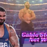 Gable Steveson in USA wrestling singlet and WWE ring showcasing his career journey that built his net worth from Olympics to WWE