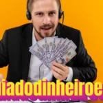Professional man with headset holding money showing guiadodinheiroextra online earning platform results with office workspace background