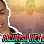 IceJJFish smiling in black jacket with colorful net worth text overlay showing his estimated wealth from viral internet fame