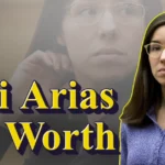 Jodi Arias during court proceedings with net worth text overlay showing the convicted murderer who built wealth through prison art sales