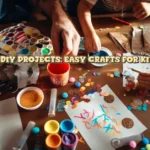 LWMFCrafts DIY crafting table with colorful supplies, paint palettes, and hands creating easy lwmfcrafts projects for kids and adults