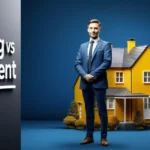 Professional real estate agent in blue suit standing next to yellow house with 'Pending vs Contingent' text overlay on blue background