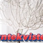 White painted pyntekvister decorative branches arranged against light background with red and blue pyntekvister text overlay