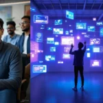 Rapelusr team leader and colleagues in modern office alongside futuristic digital interface showing adaptive AI technology and data visualization