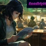 Anime girl reading manga in library setting with readmymanga com logo overlay - free manga reading platform