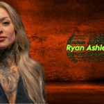 Ryan Ashley Malarkey, blonde tattoo artist with visible arm tattoos, featured in promotional image with 'Ryan Ashley Net Worth' text overlay on orange textured background
