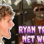 Ryan Trahan net worth thumbnail showing YouTuber with surprised expression surrounded by falling dollar bills and purple text overlay