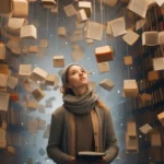 Woman in library looking up at floating books representing multiple stories and diverse narratives around single topics