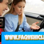 Woman explaining car features to man inside vehicle - www.faqvehicle .com automotive FAQ guide