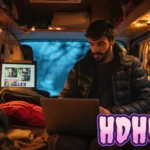 Man using laptop for HDHubFu movie streaming inside RV with entertainment setup and multiple screens visible in background