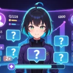 Hentquz anime quiz platform interface showing character with question bubbles, score multipliers, and gamified dashboard elements