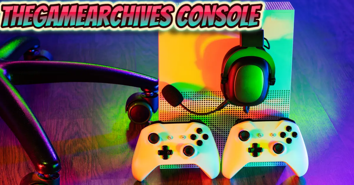thegamearchives console gaming setup with colorful controllers headset and RGB lighting display