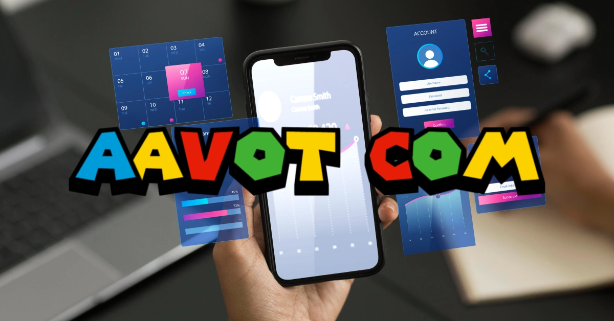 aavot com platform features displayed on smartphone with colorful logo and multiple app interfaces including calendar, account, and analytics