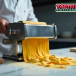 Tortellinatrice machine making fresh tortellini pasta on kitchen counter with dough and finished pasta