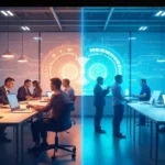 AI revolutionizing workplace with smart technology transforming traditional office into digital collaboration space