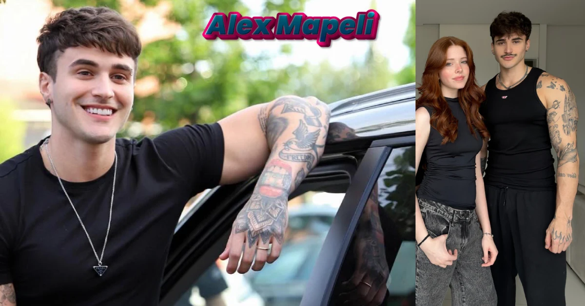 Alex Mapeli - Brazilian TikTok star and DJ with tattoos smiling by a car, and with his wife Flavia Charallo