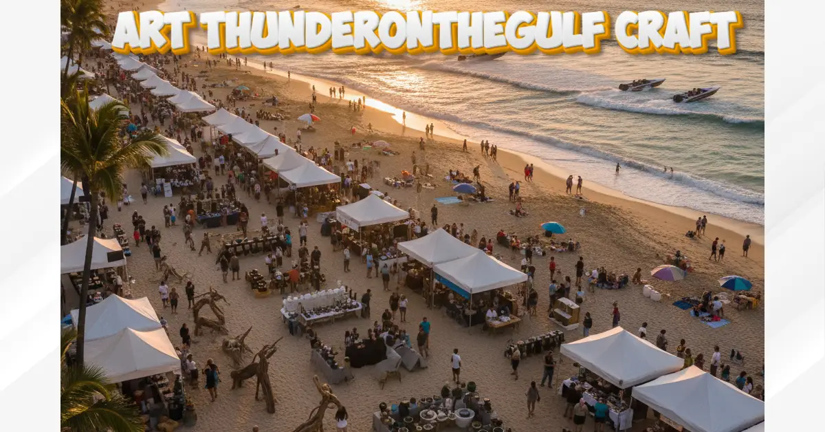 Art thunderonthegulf craft festival aerial view showing white vendor tents, crowds browsing handmade artwork on Gulf Shores beach at sunset with powerboats racing