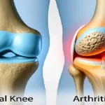 Comparison diagram showing normal knee joint versus arthritic knee joint with cartilage damage and inflammation