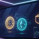 Be1crypto platform interface showing Bitcoin and Ethereum coins with trading charts, wallet security, and blockchain network visualization